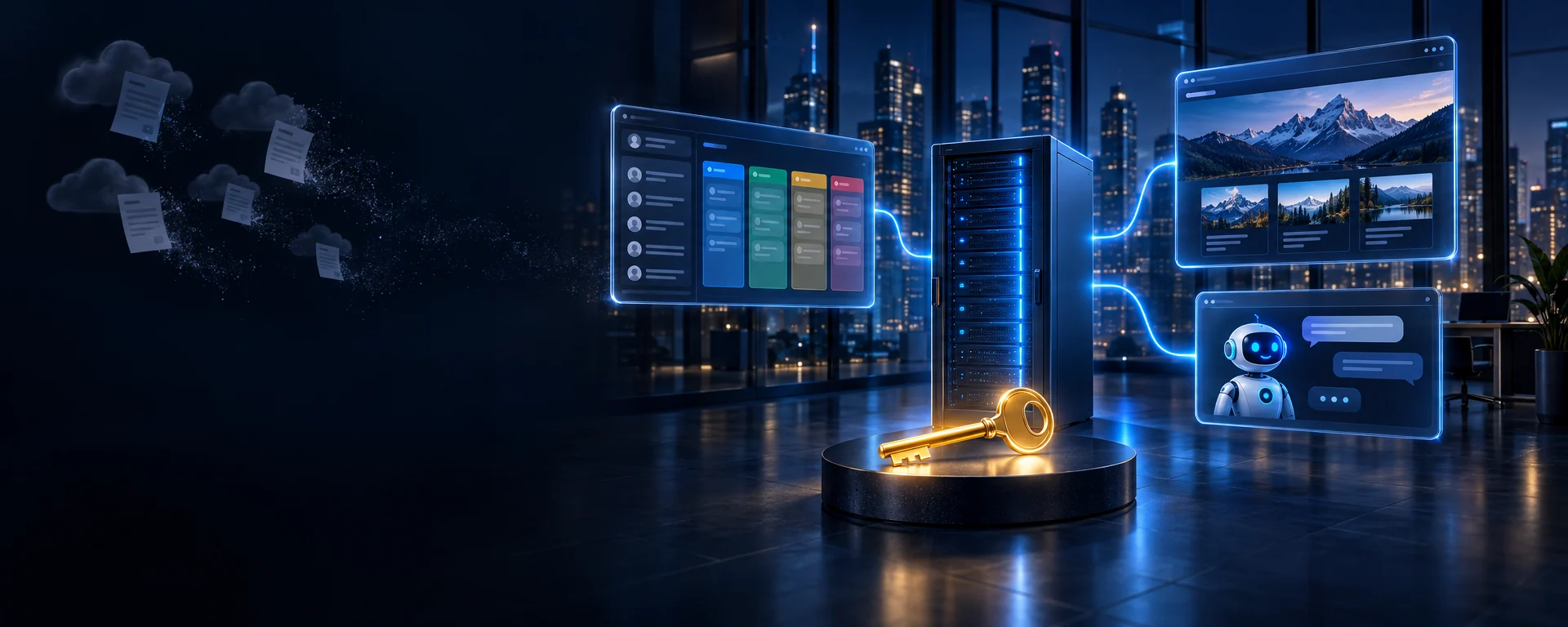 Illustration: a company's own server connected to its CRM, website and AI assistant, with a golden key in front of it while cloud subscription invoices drift away